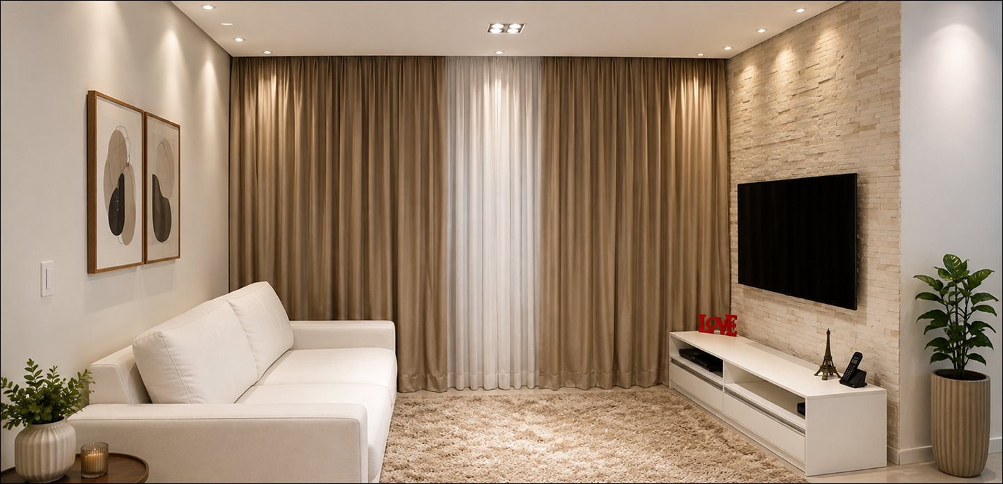 Ambiente decorado com cortinas e persianas Cris Decorações