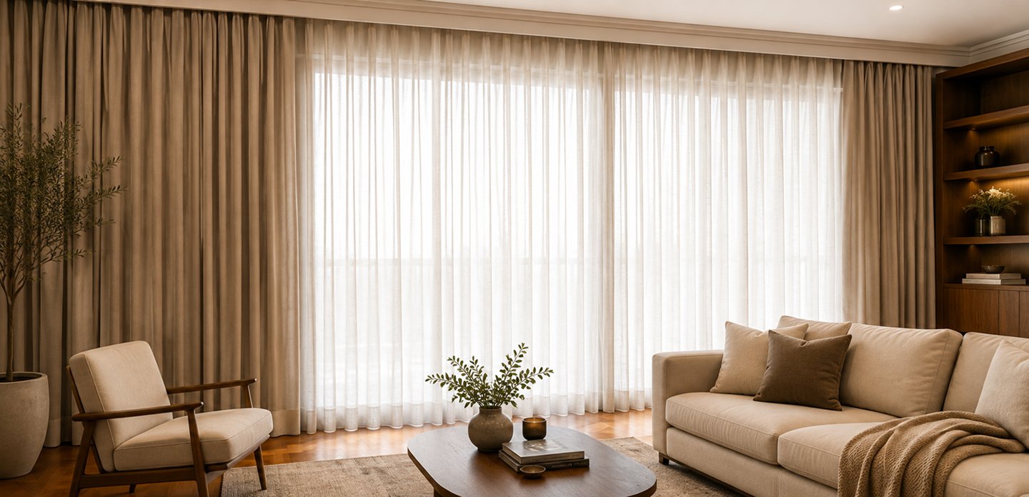 Ambiente decorado com cortinas e persianas Cris Decorações