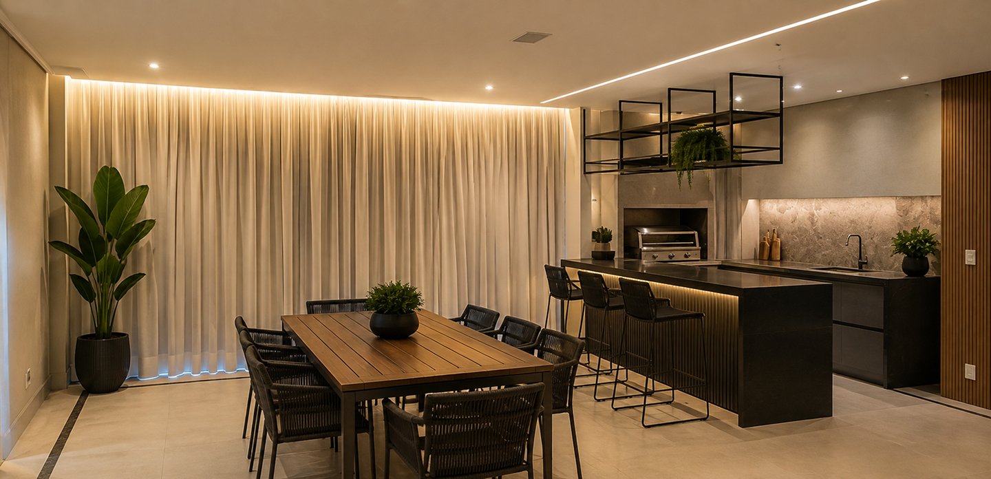 Ambiente decorado com cortinas e persianas Cris Decorações