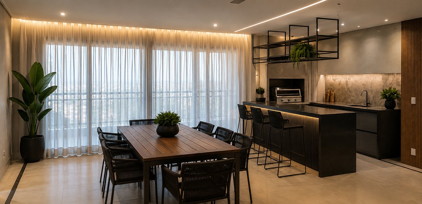 Ambiente decorado com cortinas e persianas Cris Decorações