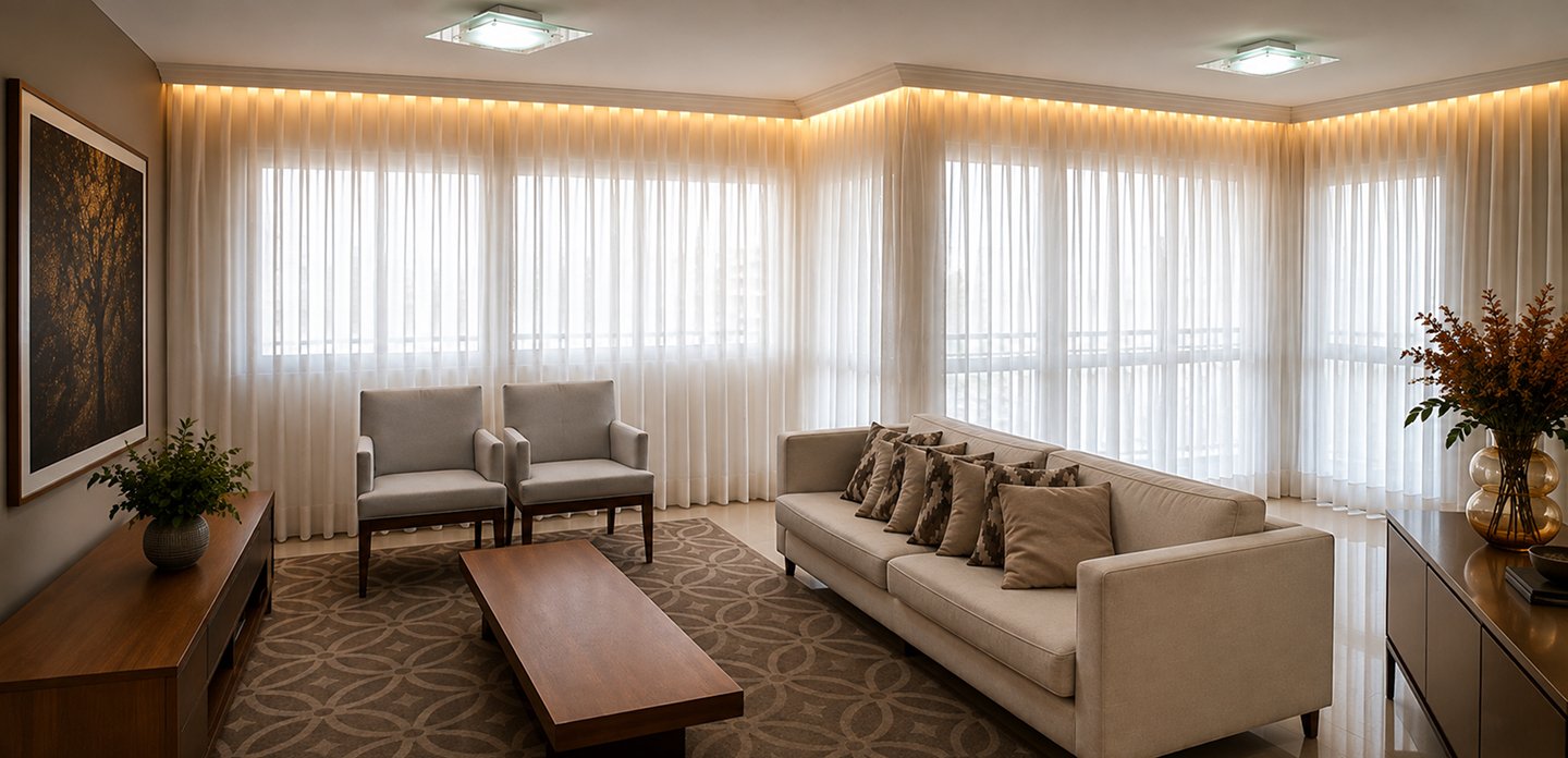 Ambiente decorado com cortinas e persianas Cris Decorações
