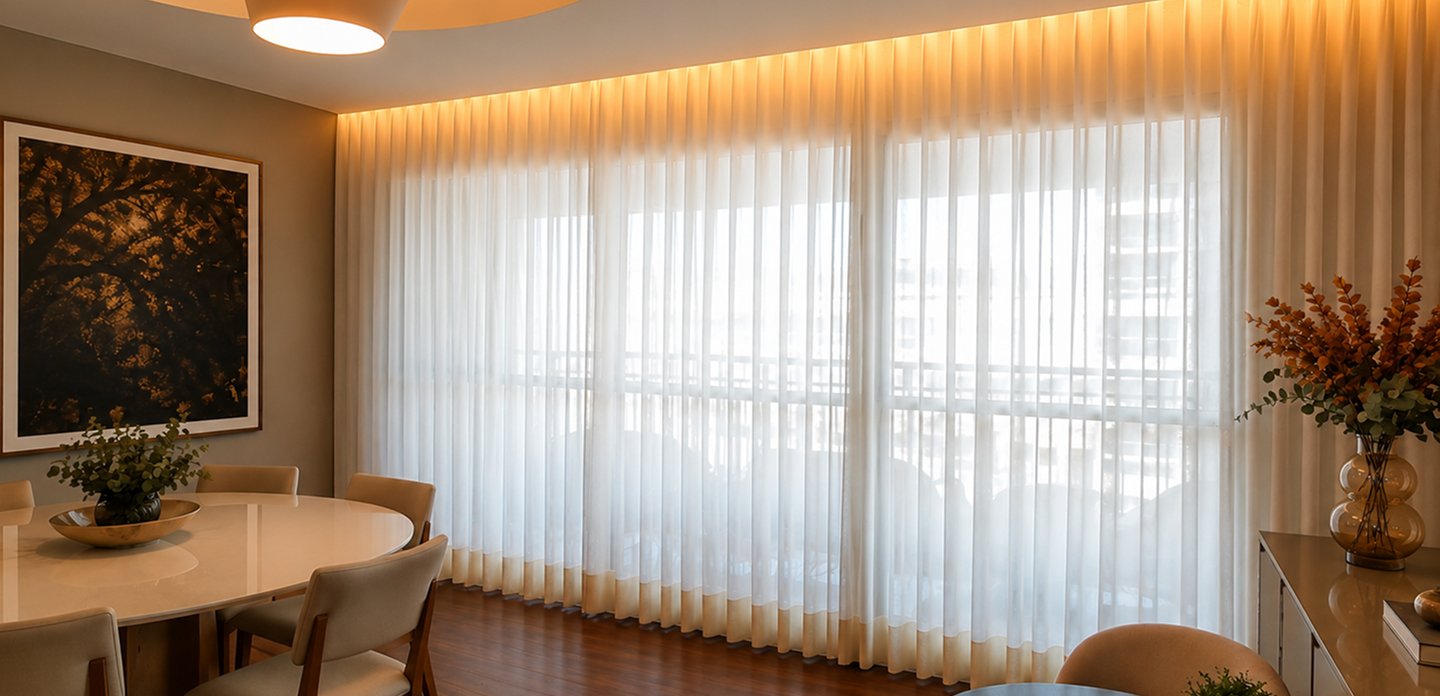 Ambiente decorado com cortinas e persianas Cris Decorações