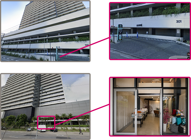 Fotos do prédio Cittyplex Osasco com as rotas de acesso até a loja Cris Decorações